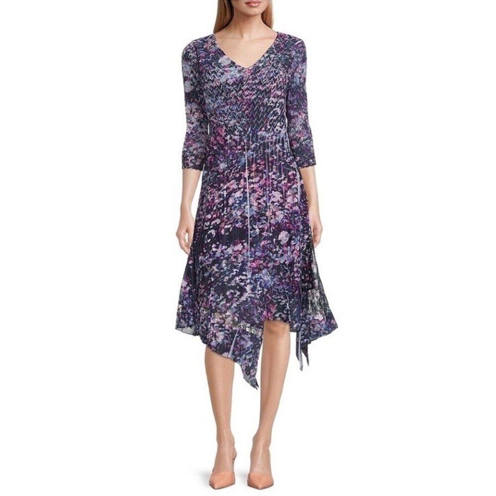 Komarov Purple Crinkle Dress 3/4 Sleeve Midi V-neck Floral Cocktail Large Aa24